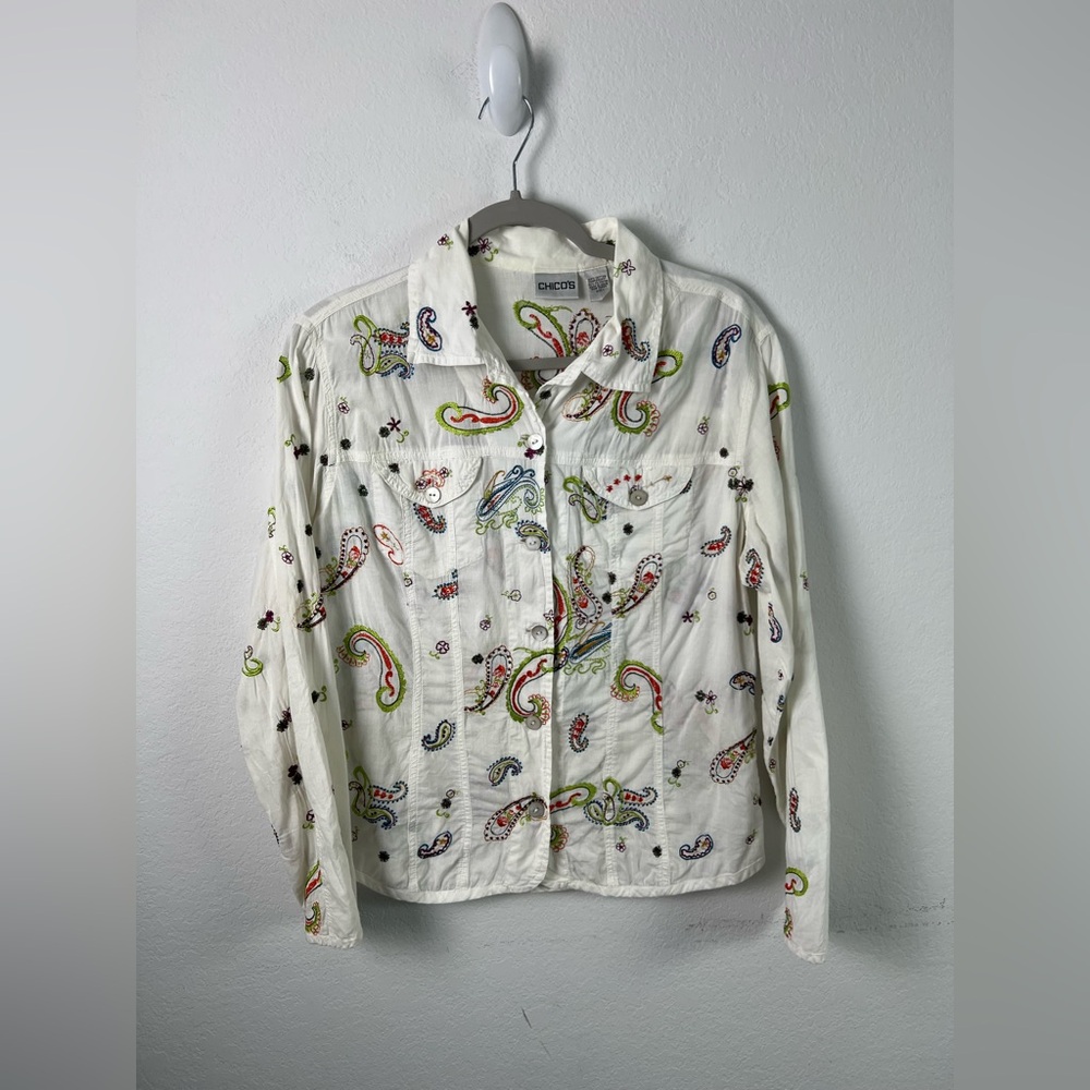 Chico’s Paisley Floral Embroidered Office Vacation Beach Cotton Button Down